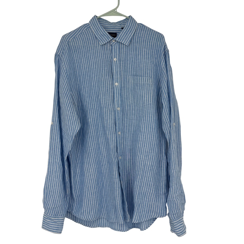Toscano‎ Men's XL Blue White Striped Linen Blend Long Sleeve Button Up Shirt